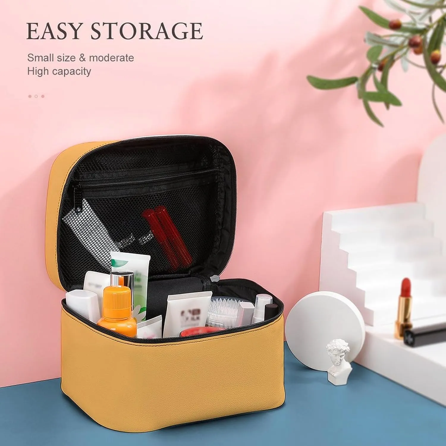 Leather Cosmetic Case, Buttery Yellow Portable Makeup Bag Organizer Large Capacity Travel Toiletry Bag with Zipper