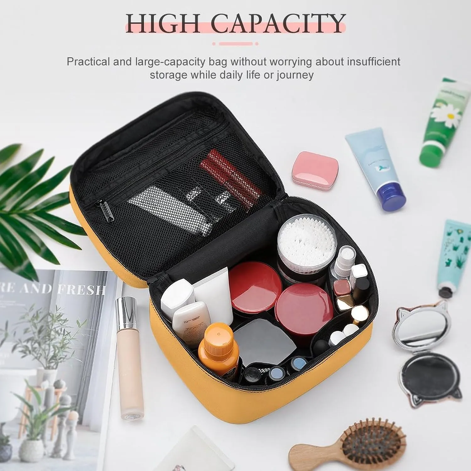 Leather Cosmetic Case, Buttery Yellow Portable Makeup Bag Organizer Large Capacity Travel Toiletry Bag with Zipper