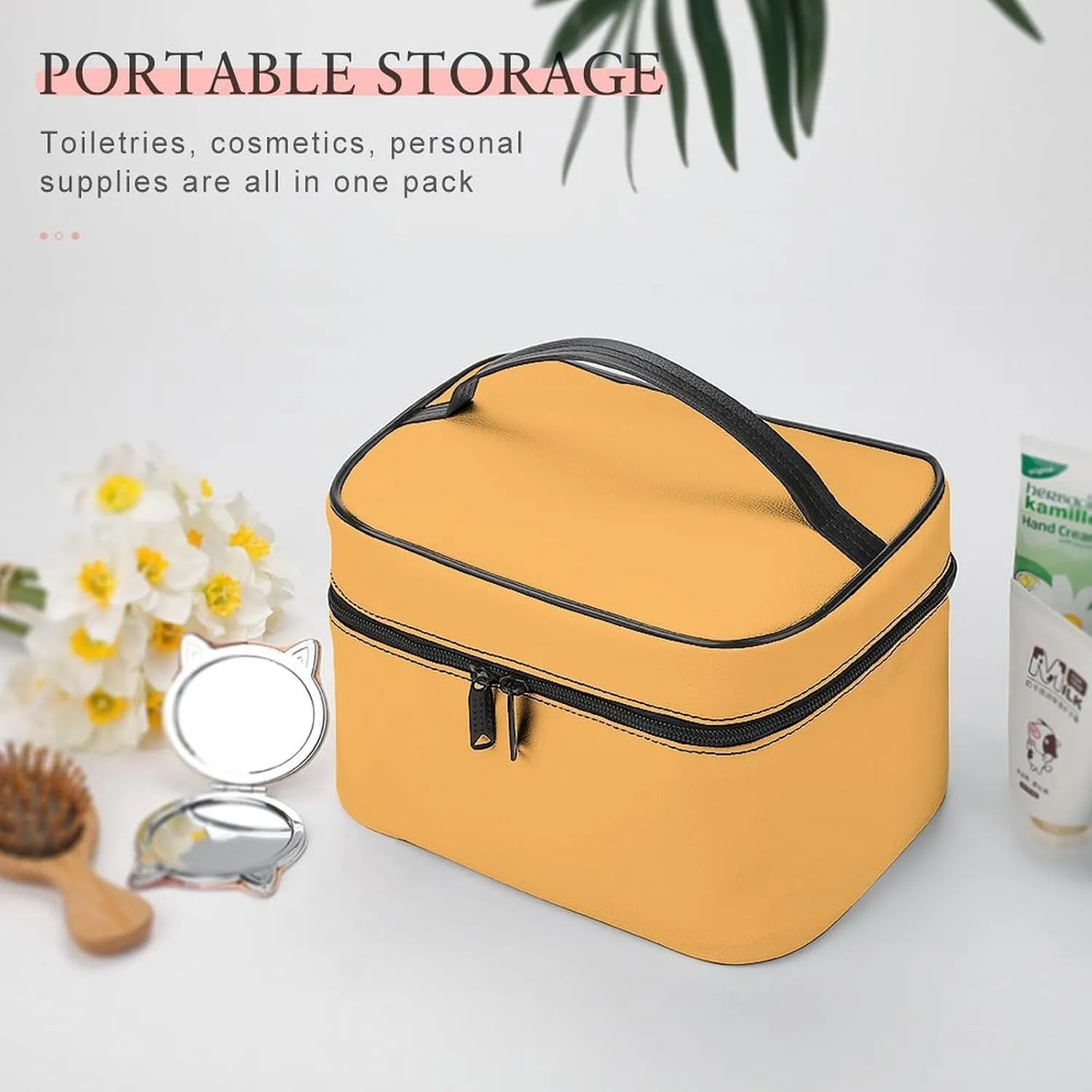 Leather Cosmetic Case, Buttery Yellow Portable Makeup Bag Organizer Large Capacity Travel Toiletry Bag with Zipper