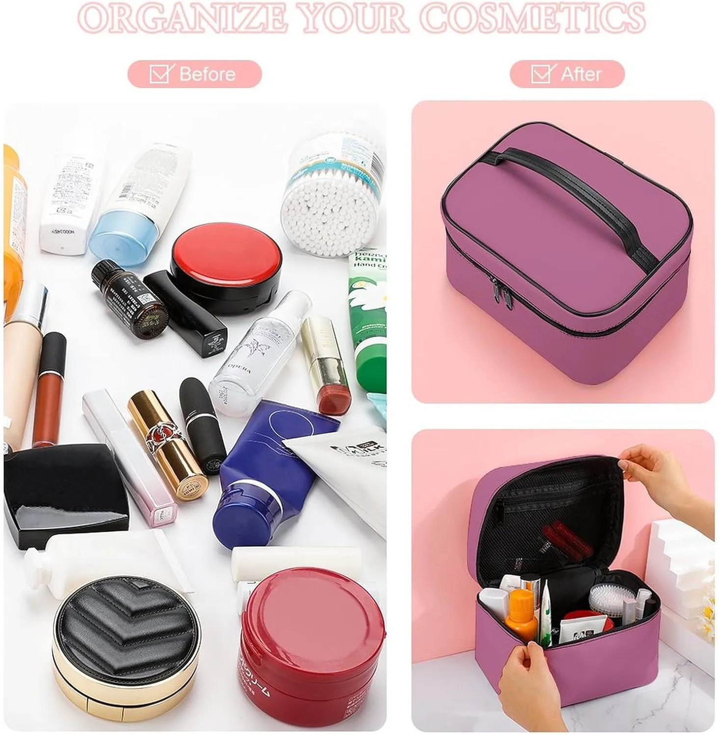 Leather Cosmetic Case, Dusty Rose Portable Makeup Bag Organizer Large Capacity Travel Toiletry Bag with Zipper