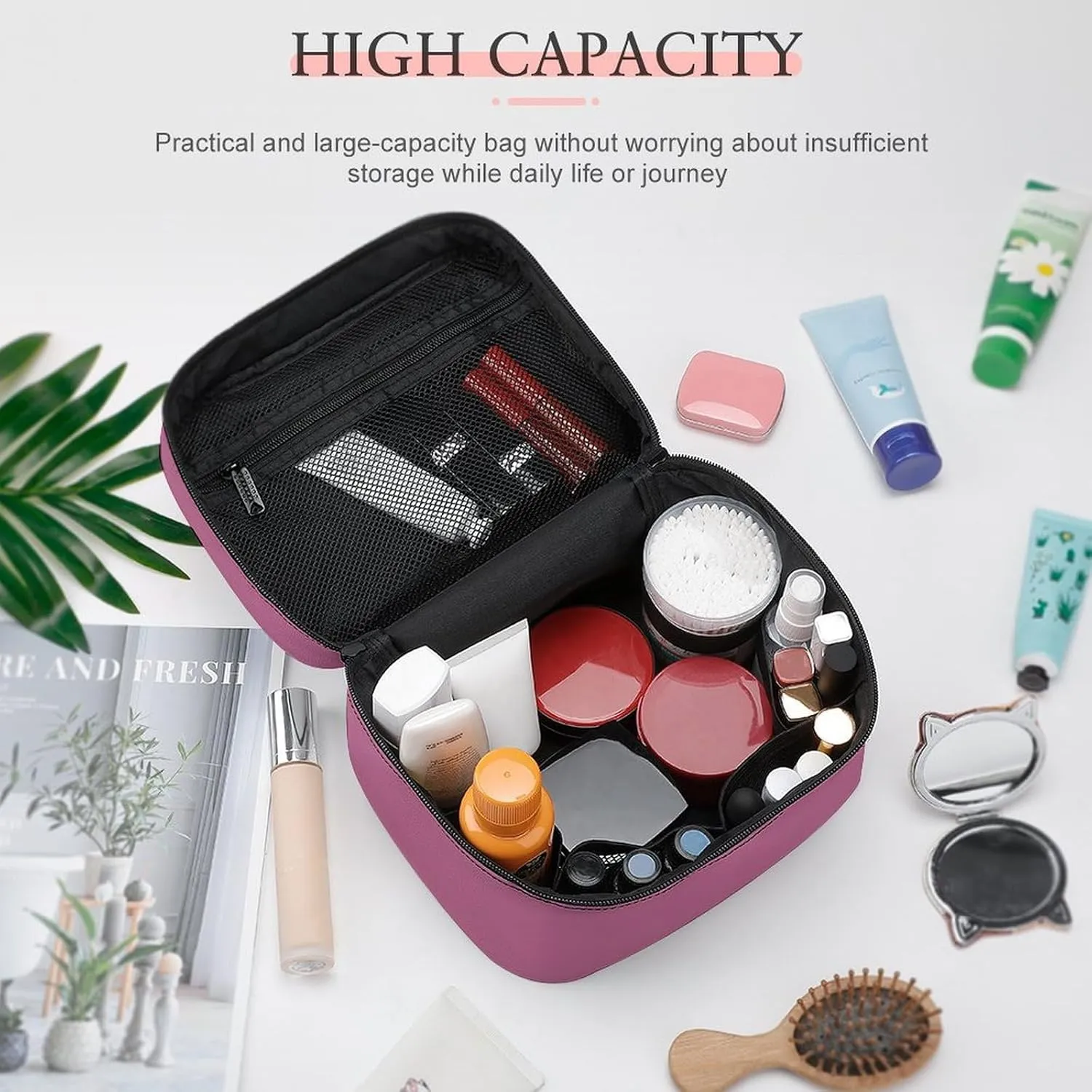 Leather Cosmetic Case, Dusty Rose Portable Makeup Bag Organizer Large Capacity Travel Toiletry Bag with Zipper