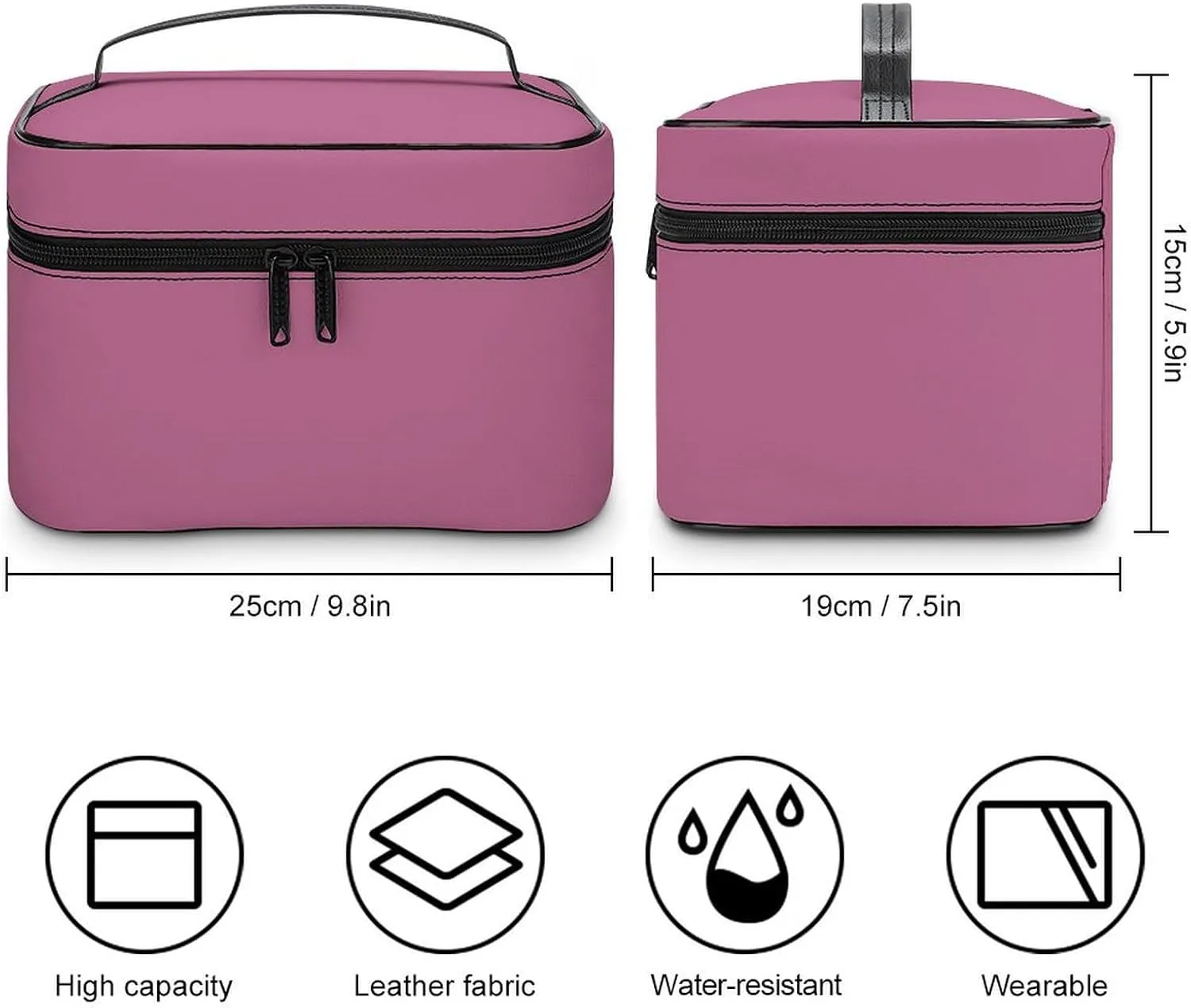 Leather Cosmetic Case, Dusty Rose Portable Makeup Bag Organizer Large Capacity Travel Toiletry Bag with Zipper