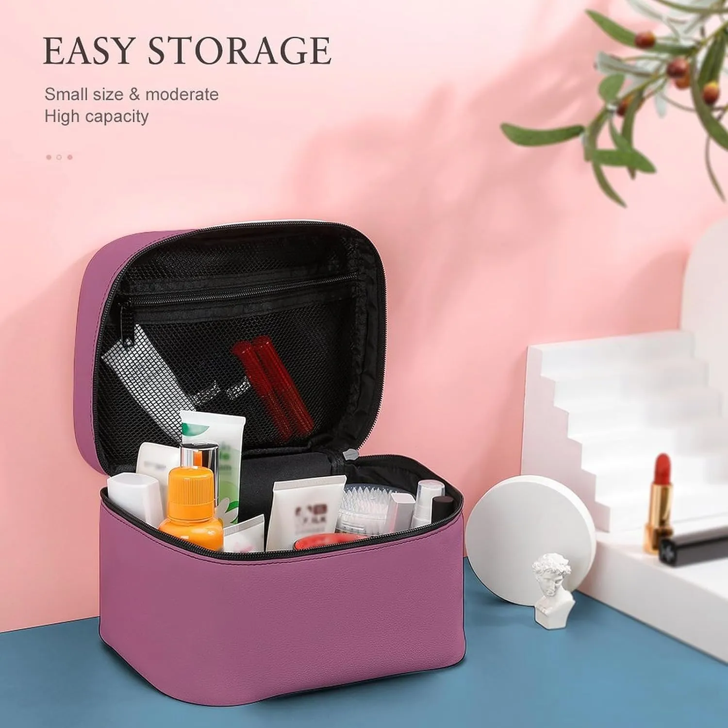 Leather Cosmetic Case, Dusty Rose Portable Makeup Bag Organizer Large Capacity Travel Toiletry Bag with Zipper