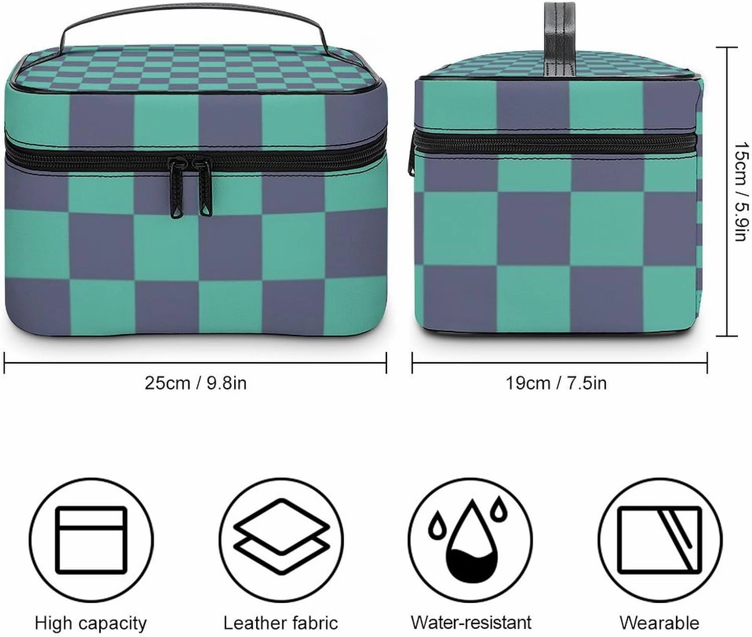 Leather Cosmetic Case, Blue and Green Checkered Pattern Portable Makeup Bag Organizer Large Capacity Travel Toiletry Bag with Zipper
