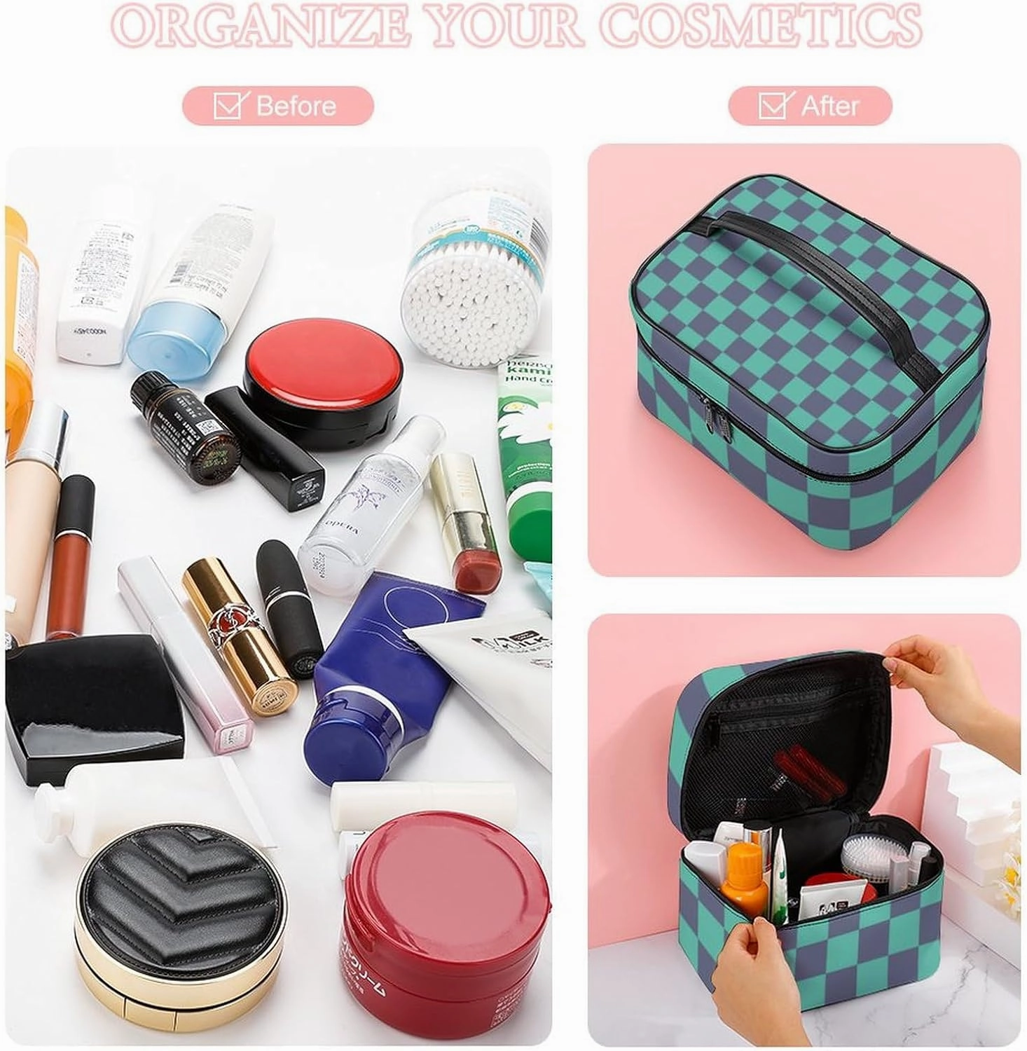 Leather Cosmetic Case, Blue and Green Checkered Pattern Portable Makeup Bag Organizer Large Capacity Travel Toiletry Bag with Zipper