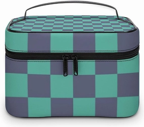 Leather Cosmetic Case, Blue and Green Checkered Pattern Portable Makeup Bag Organizer Large Capacity Travel Toiletry Bag with Zipper
