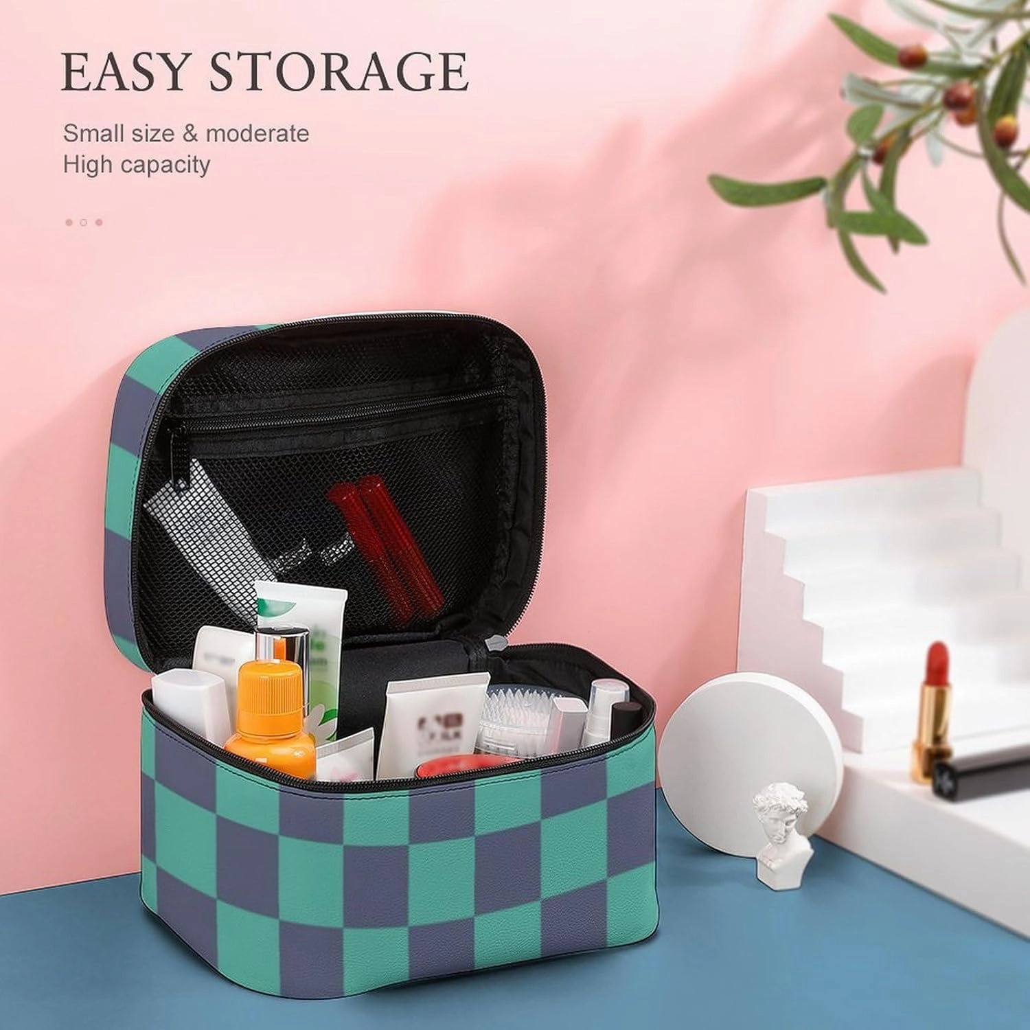 Leather Cosmetic Case, Blue and Green Checkered Pattern Portable Makeup Bag Organizer Large Capacity Travel Toiletry Bag with Zipper
