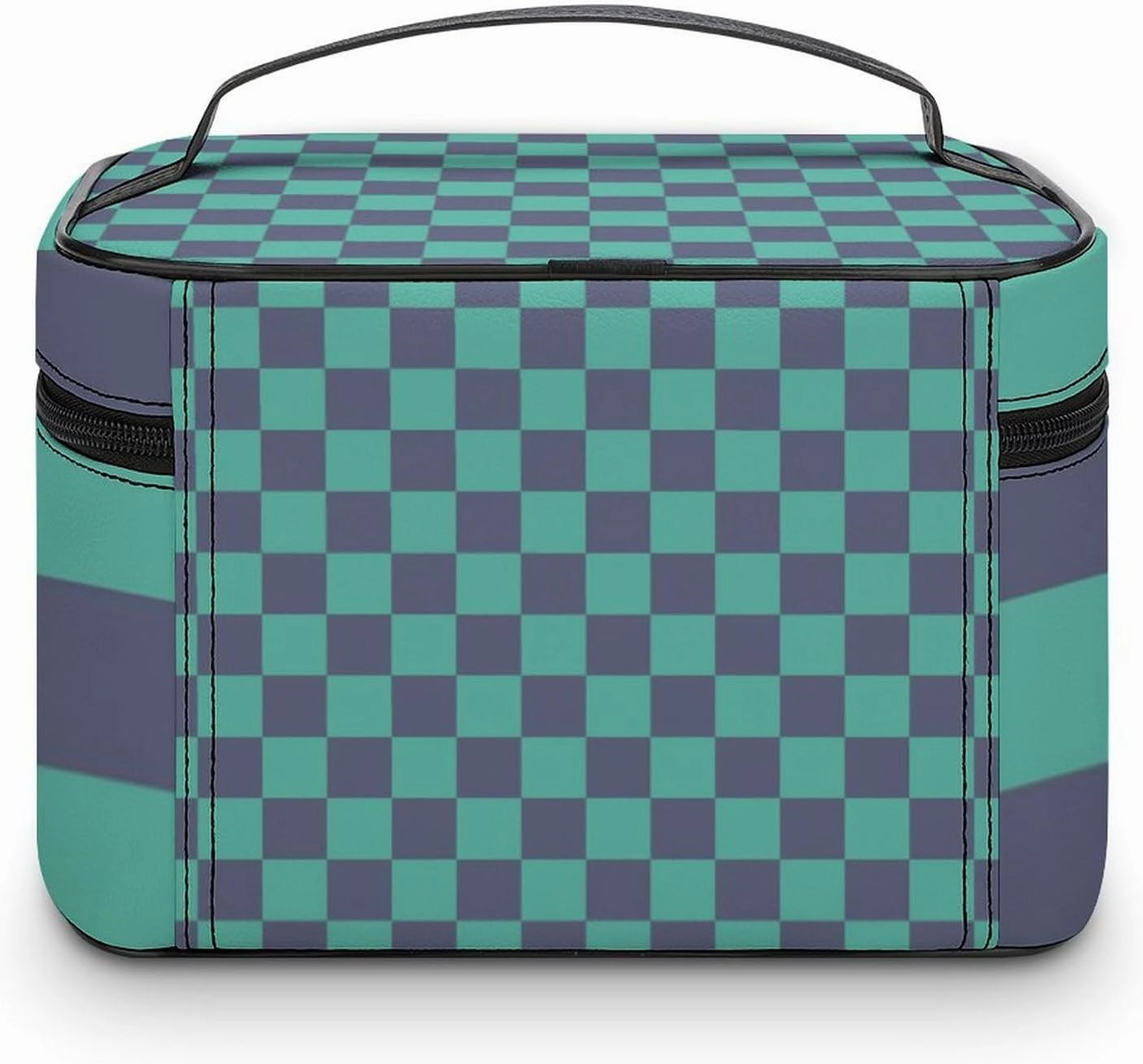Leather Cosmetic Case, Blue and Green Checkered Pattern Portable Makeup Bag Organizer Large Capacity Travel Toiletry Bag with Zipper