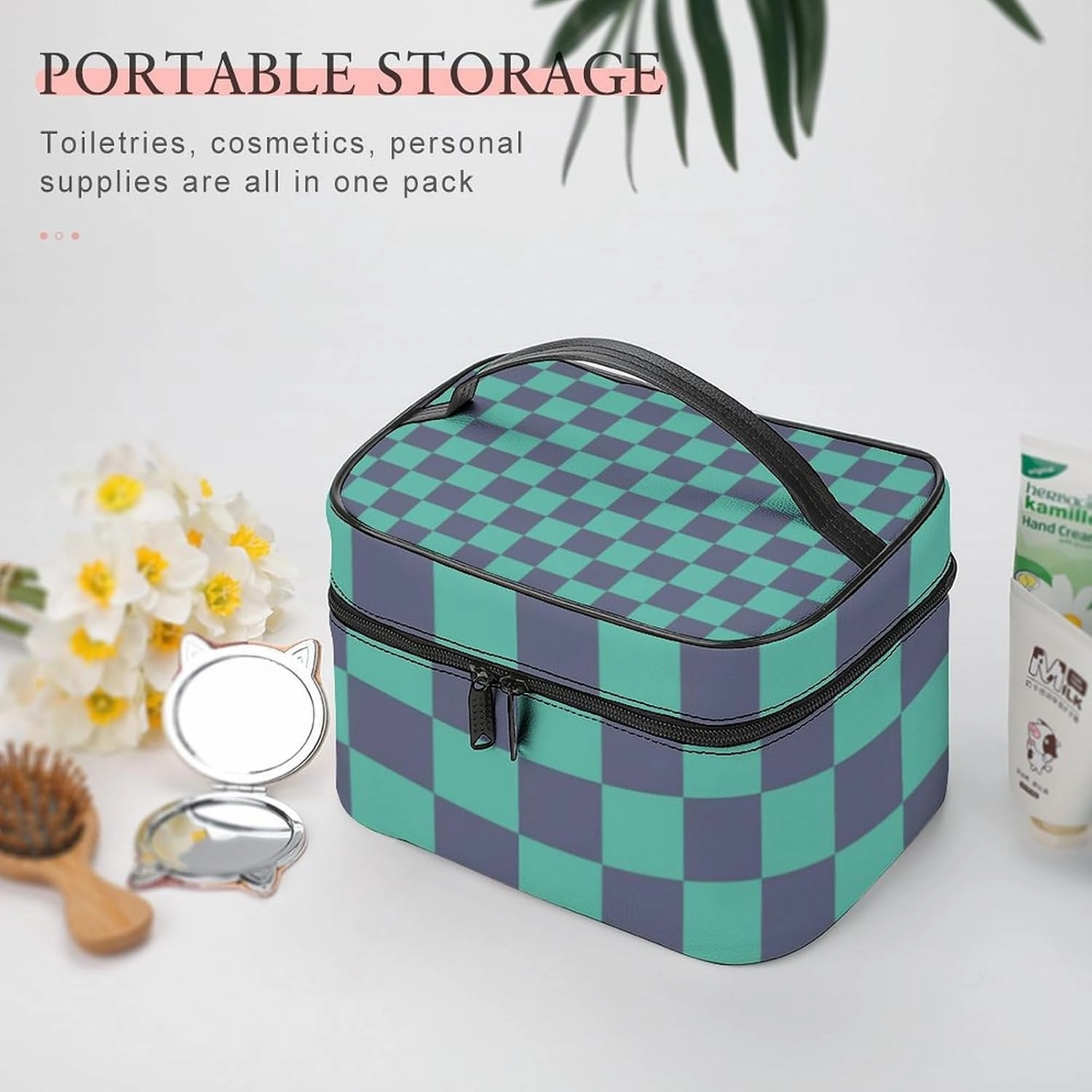 Leather Cosmetic Case, Blue and Green Checkered Pattern Portable Makeup Bag Organizer Large Capacity Travel Toiletry Bag with Zipper
