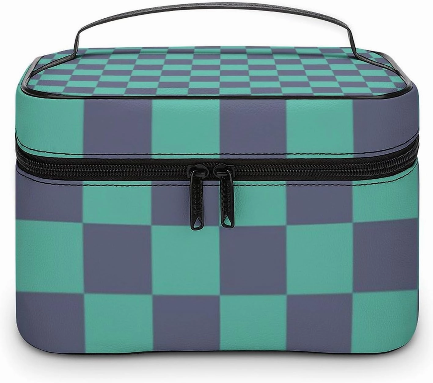 Leather Cosmetic Case, Blue and Green Checkered Pattern Portable Makeup Bag Organizer Large Capacity Travel Toiletry Bag with Zipper