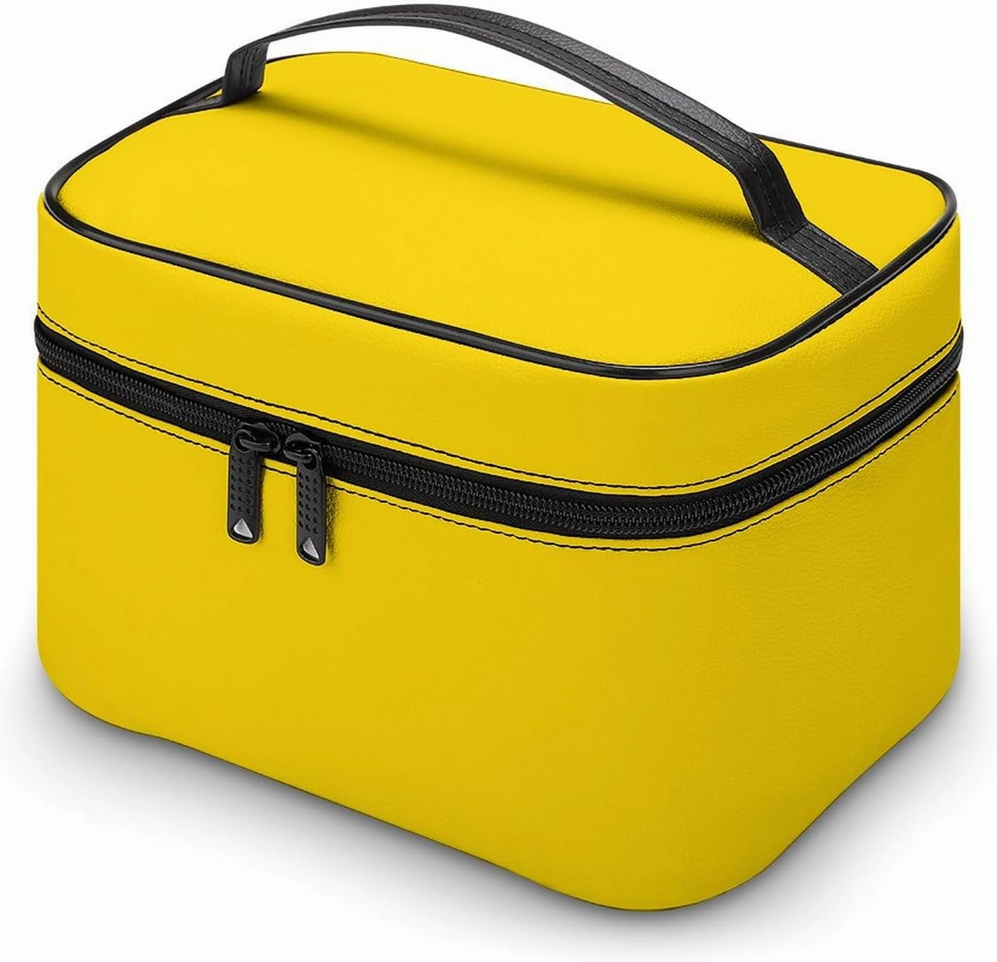 Leather Cosmetic Case, Bright Yellow Solid Color Portable Makeup Bag Organizer Large Capacity Travel Toiletry Bag with Zipper