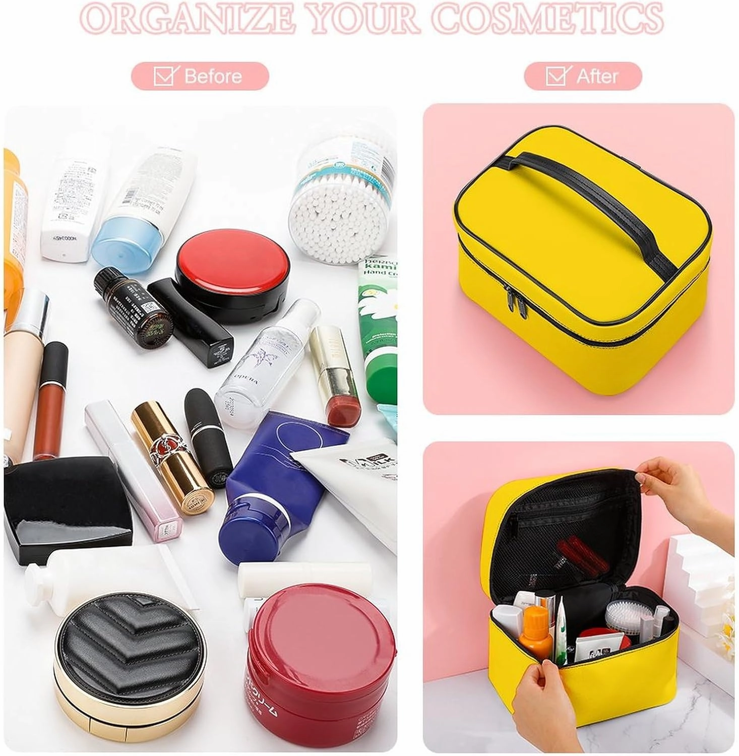 Leather Cosmetic Case, Bright Yellow Solid Color Portable Makeup Bag Organizer Large Capacity Travel Toiletry Bag with Zipper