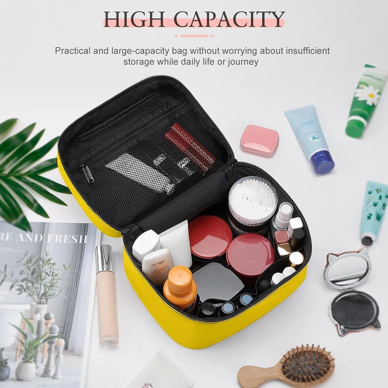Leather Cosmetic Case, Bright Yellow Solid Color Portable Makeup Bag Organizer Large Capacity Travel Toiletry Bag with Zipper