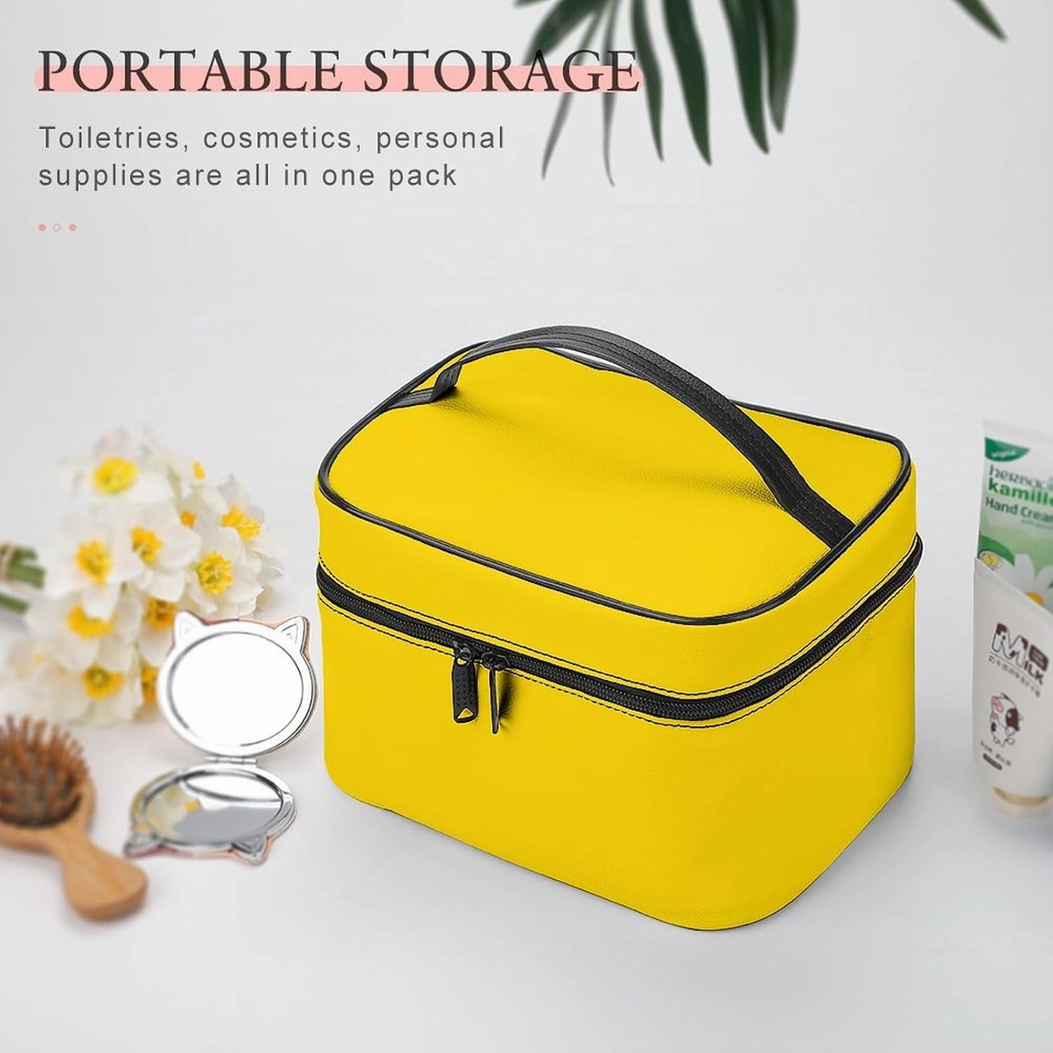 Leather Cosmetic Case, Bright Yellow Solid Color Portable Makeup Bag Organizer Large Capacity Travel Toiletry Bag with Zipper