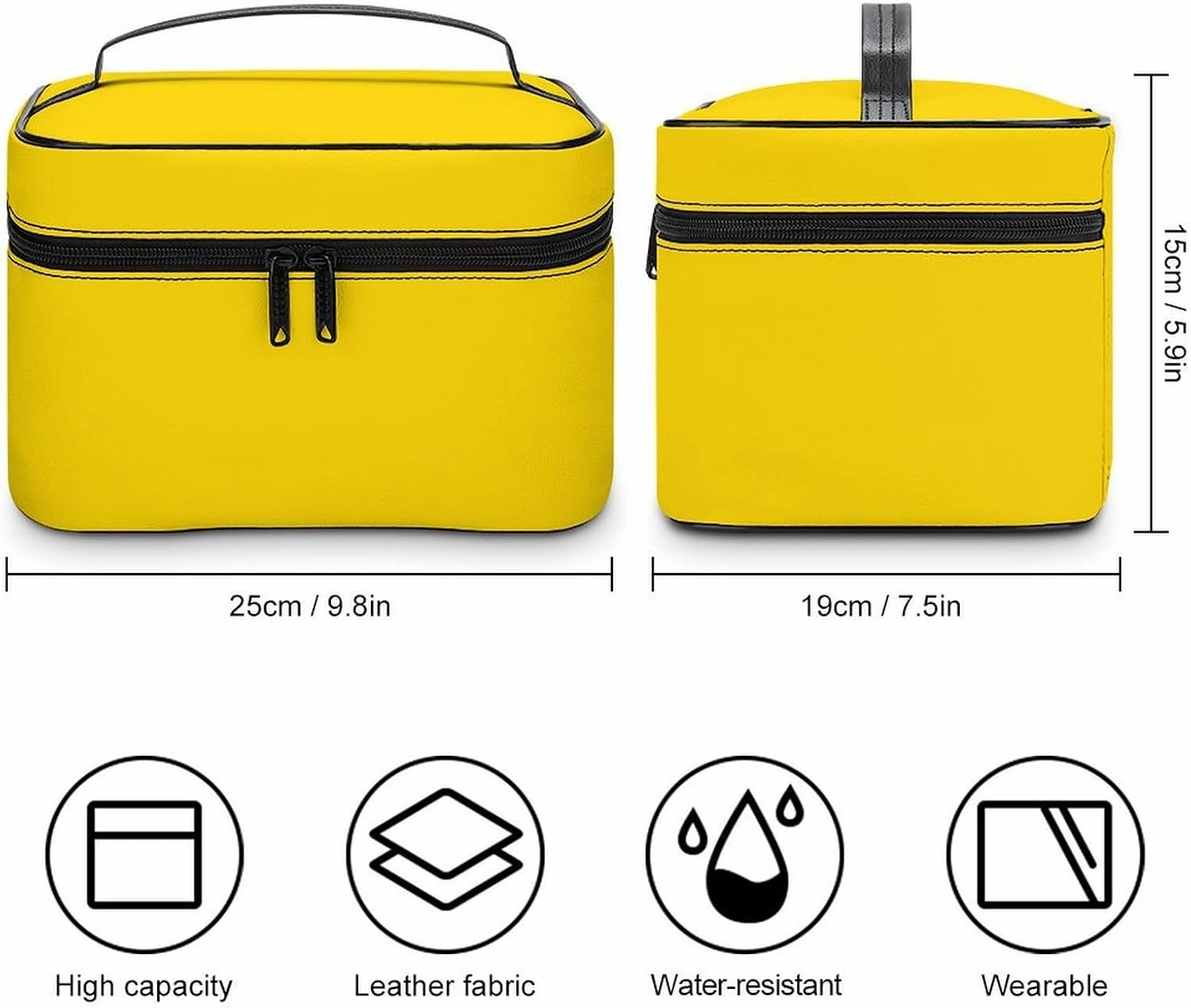 Leather Cosmetic Case, Bright Yellow Solid Color Portable Makeup Bag Organizer Large Capacity Travel Toiletry Bag with Zipper