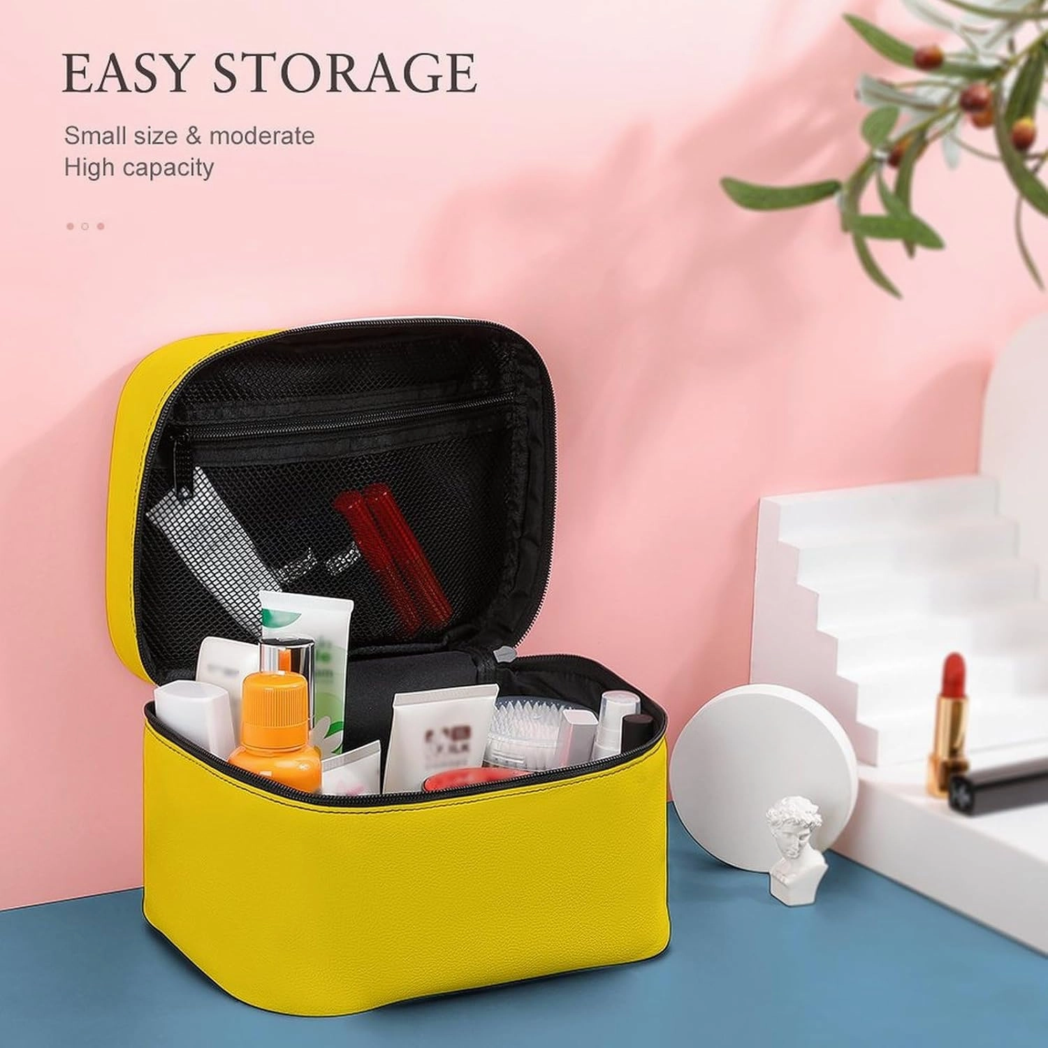 Leather Cosmetic Case, Bright Yellow Solid Color Portable Makeup Bag Organizer Large Capacity Travel Toiletry Bag with Zipper