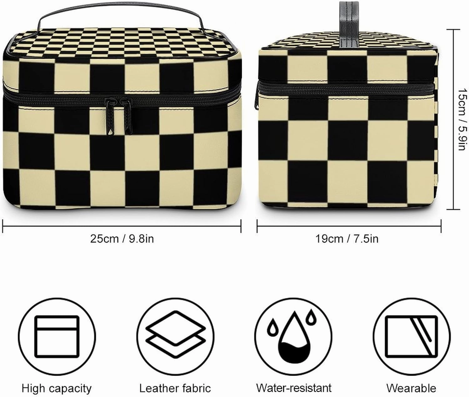 Leather Cosmetic Case, Checkered Beige and Black Portable Makeup Bag Organizer Large Capacity Travel Toiletry Bag with Zipper