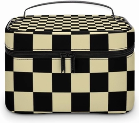 Leather Cosmetic Case, Checkered Beige and Black Portable Makeup Bag Organizer Large Capacity Travel Toiletry Bag with Zipper