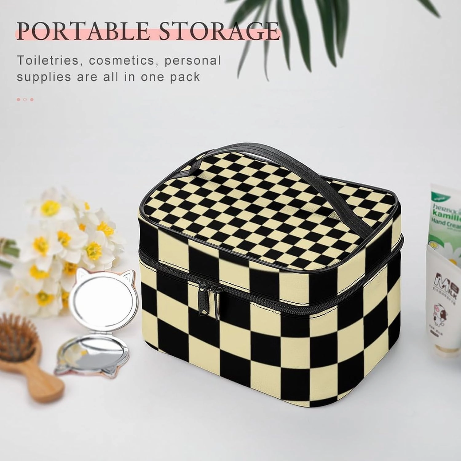 Leather Cosmetic Case, Checkered Beige and Black Portable Makeup Bag Organizer Large Capacity Travel Toiletry Bag with Zipper