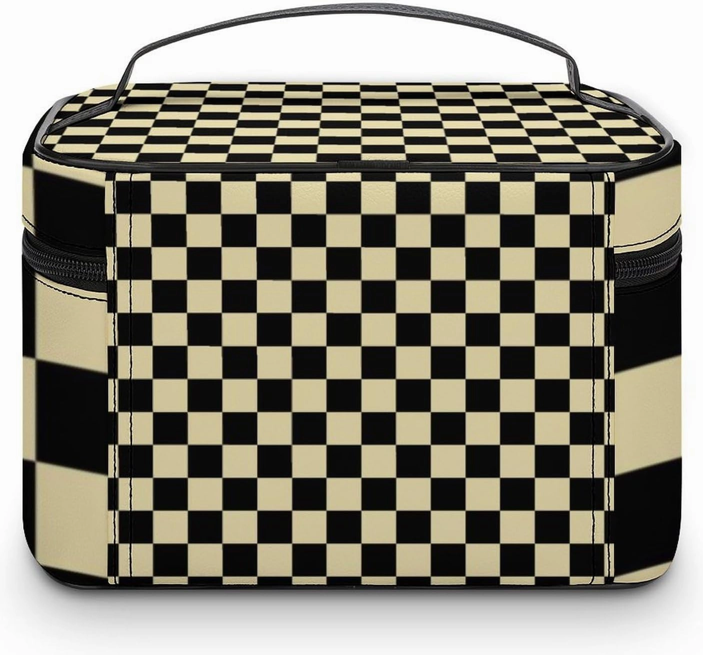 Leather Cosmetic Case, Checkered Beige and Black Portable Makeup Bag Organizer Large Capacity Travel Toiletry Bag with Zipper