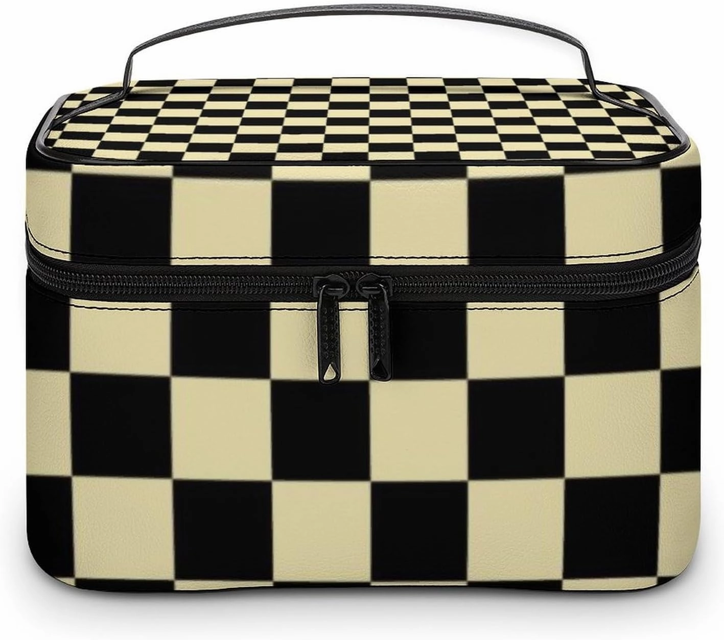 Leather Cosmetic Case, Checkered Beige and Black Portable Makeup Bag Organizer Large Capacity Travel Toiletry Bag with Zipper