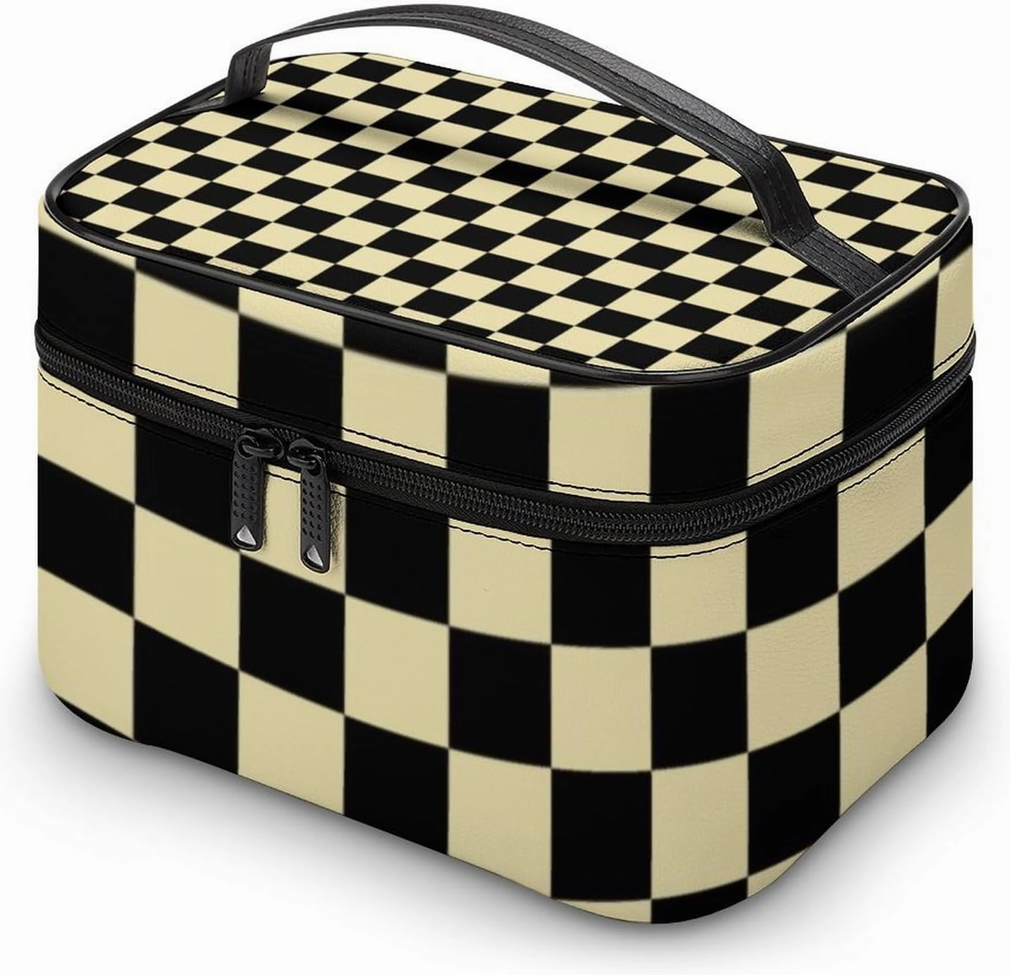 Leather Cosmetic Case, Checkered Beige and Black Portable Makeup Bag Organizer Large Capacity Travel Toiletry Bag with Zipper