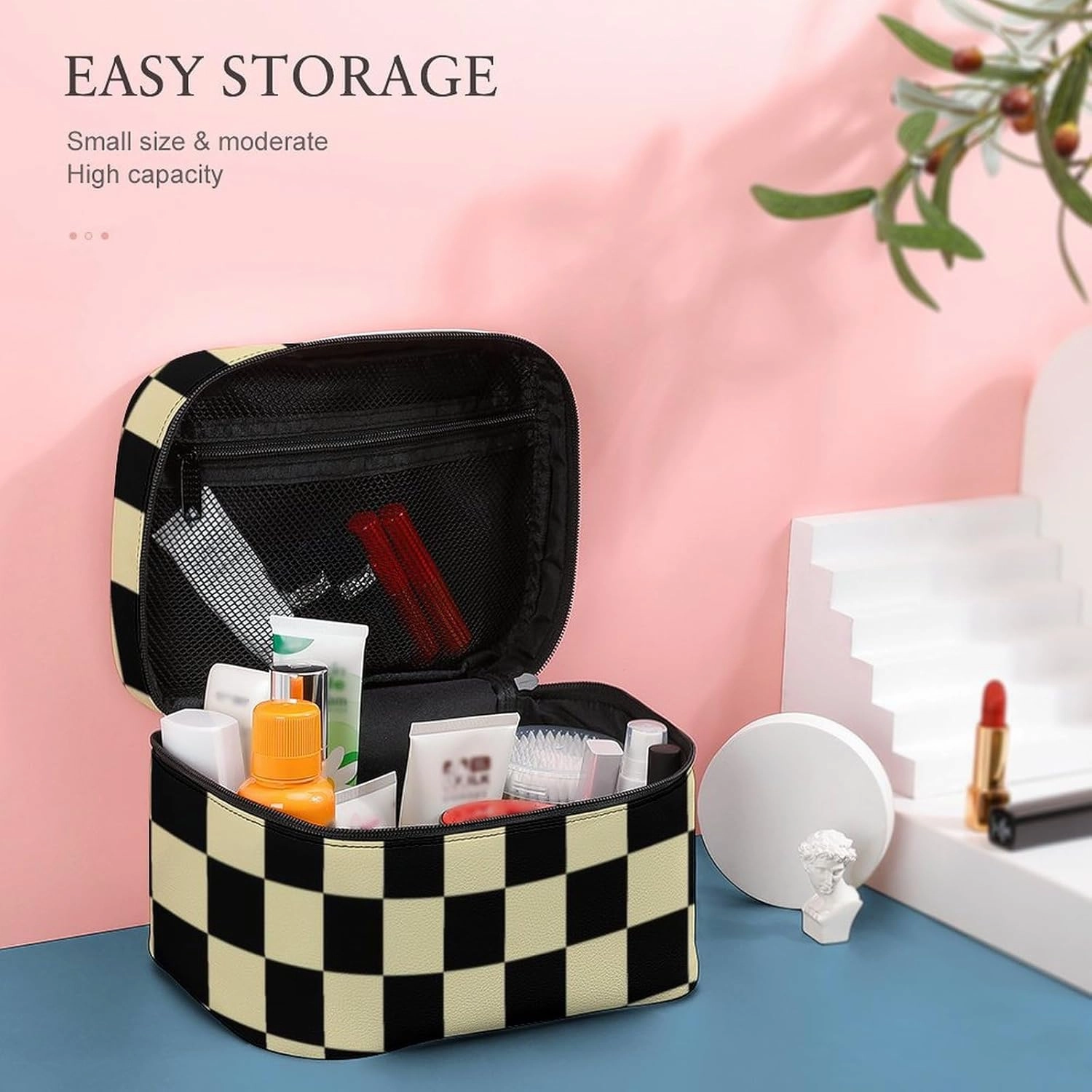 Leather Cosmetic Case, Checkered Beige and Black Portable Makeup Bag Organizer Large Capacity Travel Toiletry Bag with Zipper