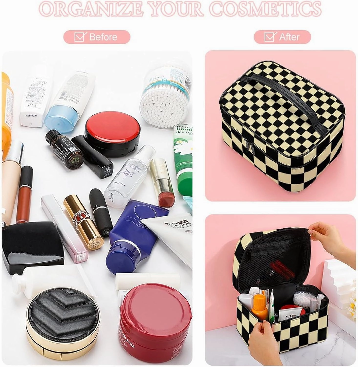 Leather Cosmetic Case, Checkered Beige and Black Portable Makeup Bag Organizer Large Capacity Travel Toiletry Bag with Zipper