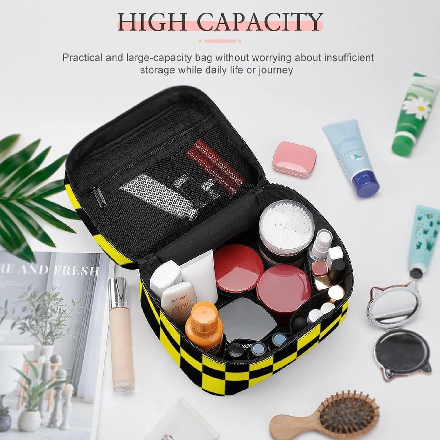 Leather Cosmetic Case, Checkered Black and Yellow Portable Makeup Bag Organizer Large Capacity Travel Toiletry Bag with Zipper
