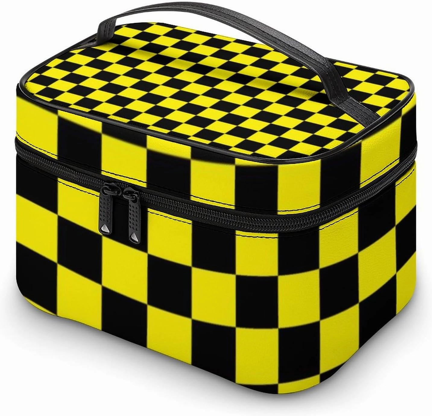 Leather Cosmetic Case, Checkered Black and Yellow Portable Makeup Bag Organizer Large Capacity Travel Toiletry Bag with Zipper