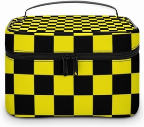 Leather Cosmetic Case, Checkered Black and Yellow Portable Makeup Bag Organizer Large Capacity Travel Toiletry Bag with Zipper