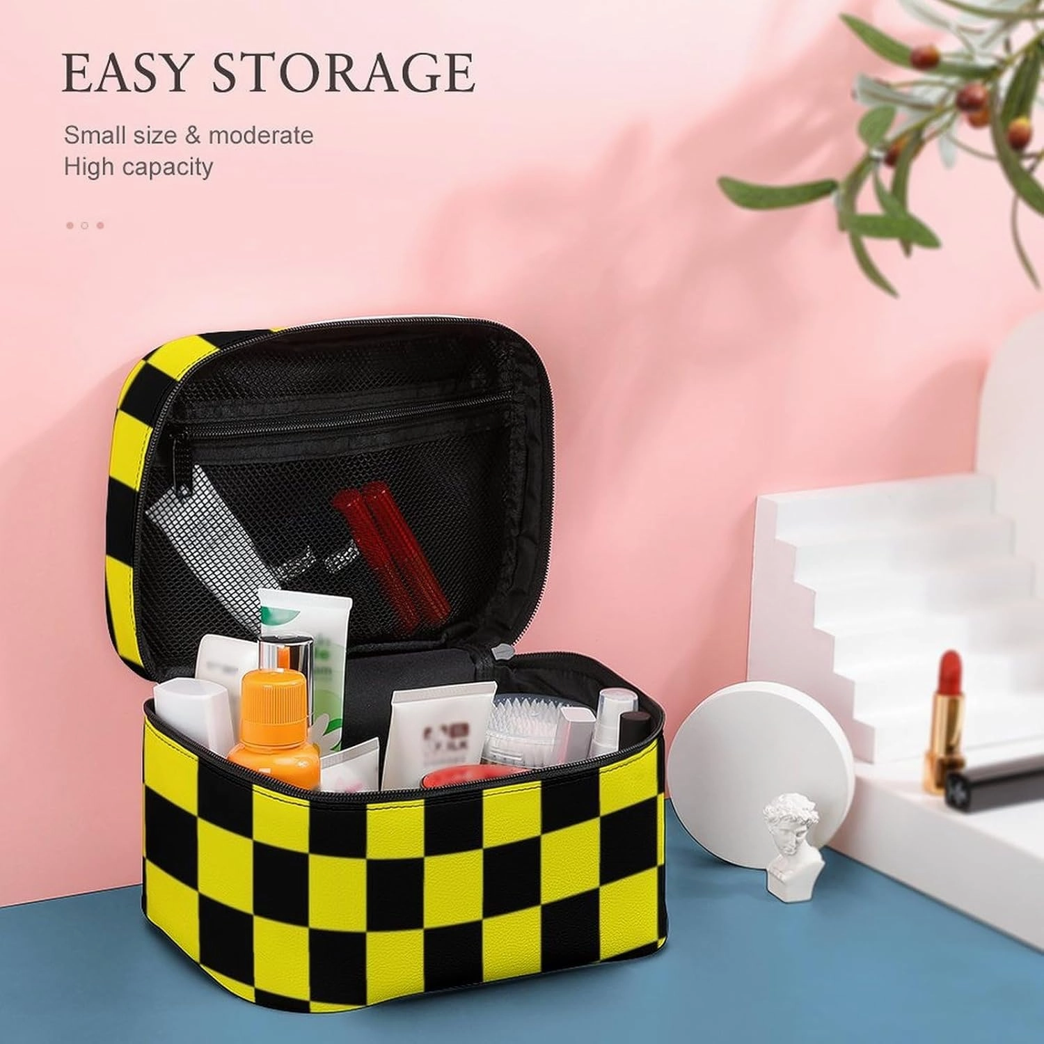 Leather Cosmetic Case, Checkered Black and Yellow Portable Makeup Bag Organizer Large Capacity Travel Toiletry Bag with Zipper