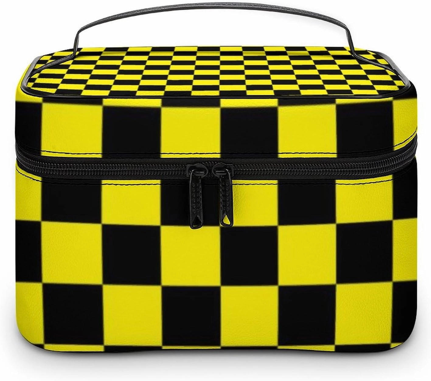 Leather Cosmetic Case, Checkered Black and Yellow Portable Makeup Bag Organizer Large Capacity Travel Toiletry Bag with Zipper