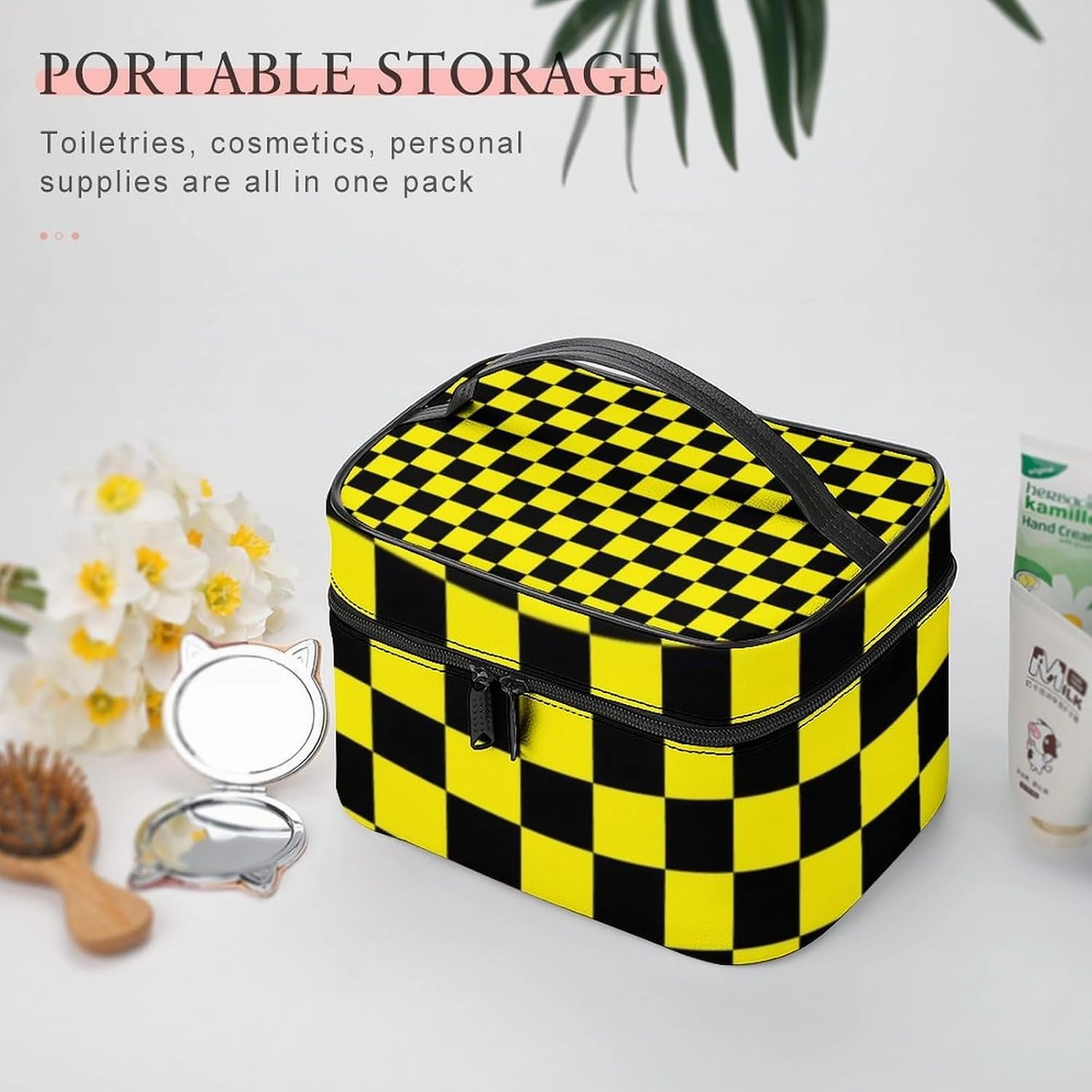 Leather Cosmetic Case, Checkered Black and Yellow Portable Makeup Bag Organizer Large Capacity Travel Toiletry Bag with Zipper