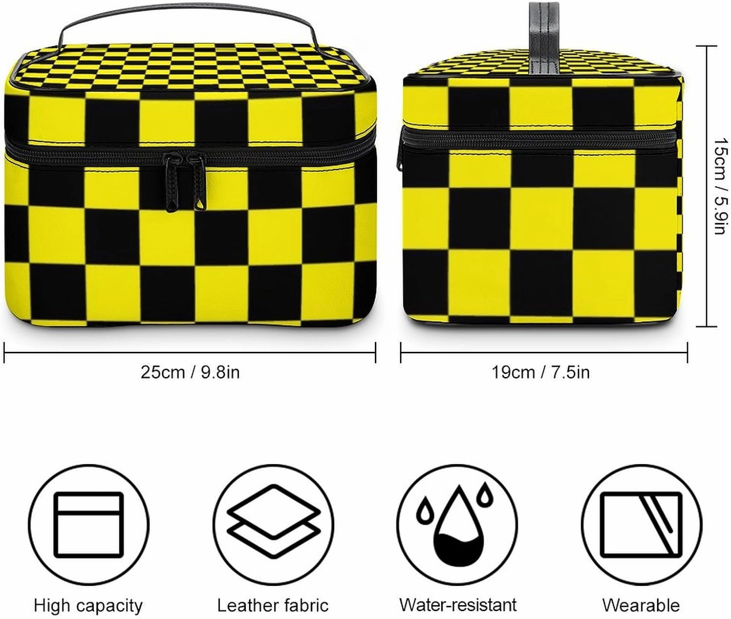 Leather Cosmetic Case, Checkered Black and Yellow Portable Makeup Bag Organizer Large Capacity Travel Toiletry Bag with Zipper