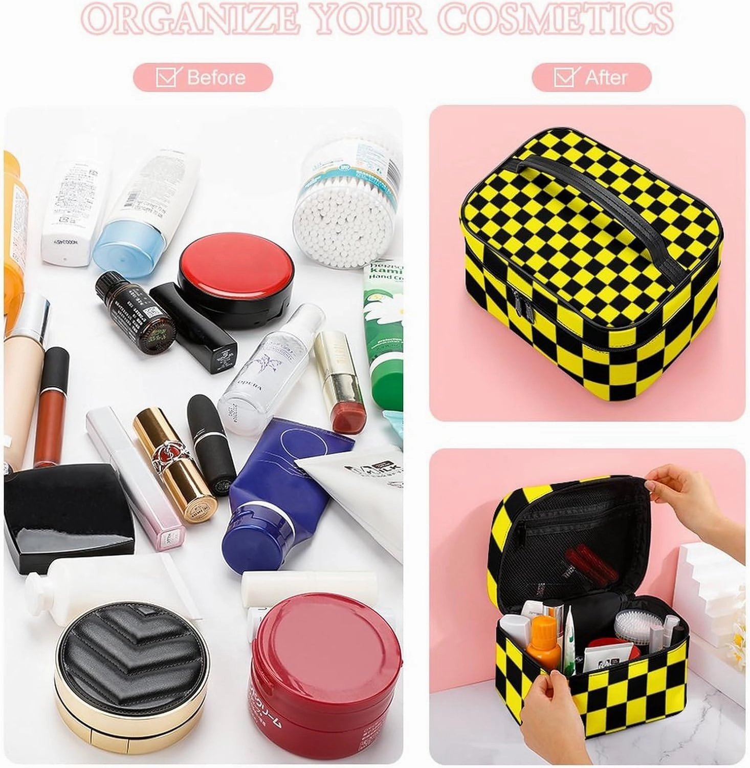 Leather Cosmetic Case, Checkered Black and Yellow Portable Makeup Bag Organizer Large Capacity Travel Toiletry Bag with Zipper