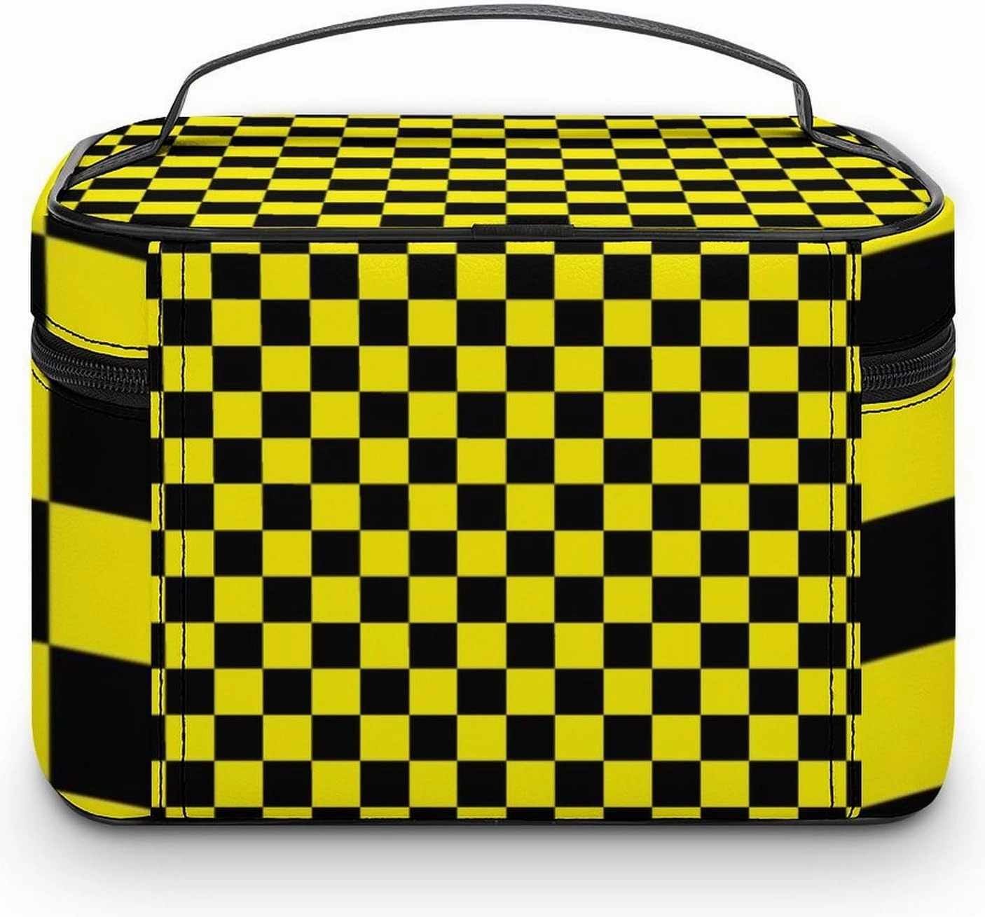 Leather Cosmetic Case, Checkered Black and Yellow Portable Makeup Bag Organizer Large Capacity Travel Toiletry Bag with Zipper