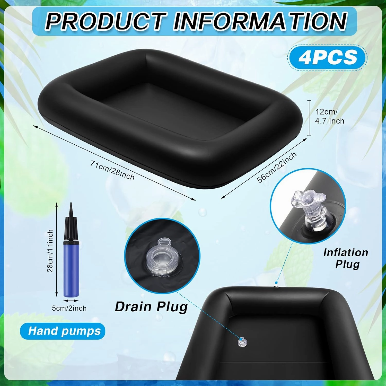 Leitee 4 Pcs Summer Inflatable Serving Bar and a Hand Pump Ice Buffet Serving Tray Inflatable Cooler with Drain Plug Picnic Supplies Ice Holder for Party Food Drink Containers 28 x 22 x 5 Inch(Black)