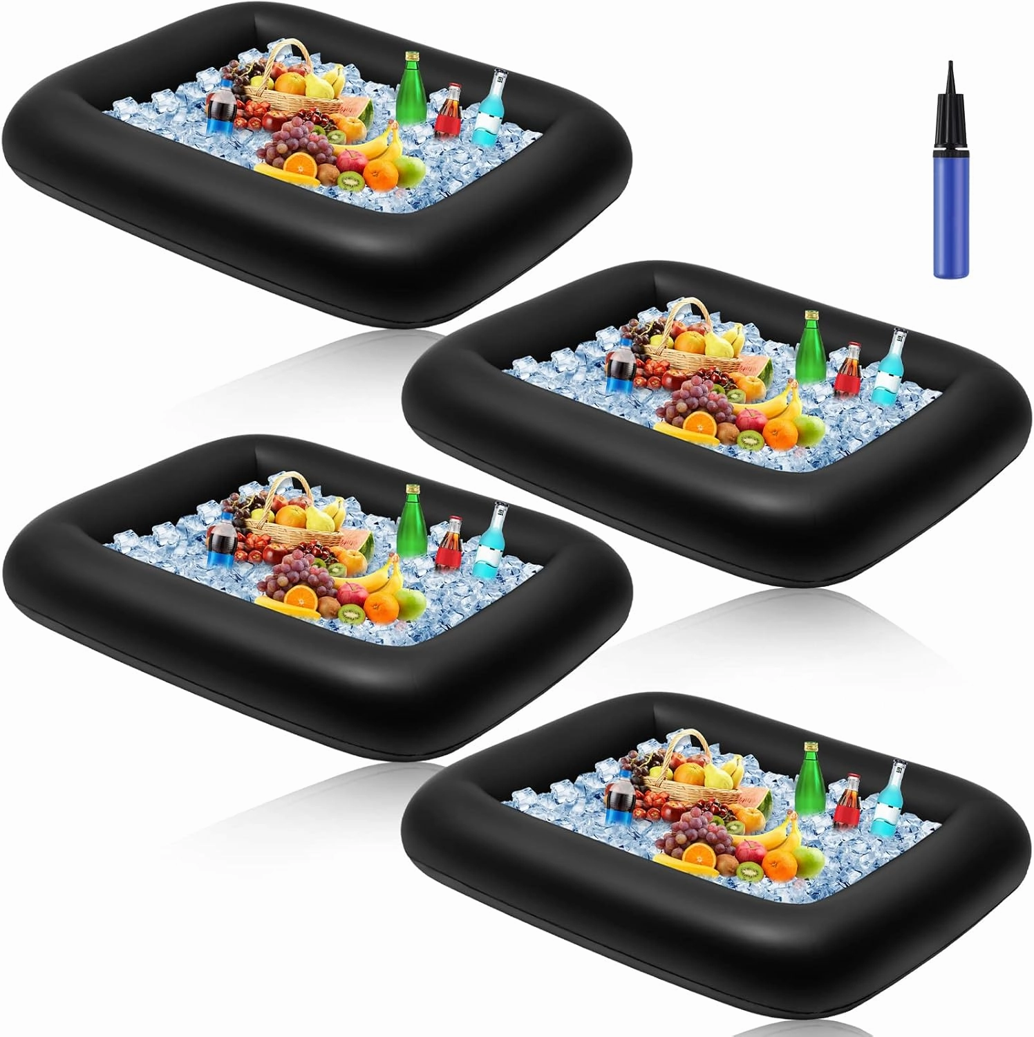 Leitee 4 Pcs Summer Inflatable Serving Bar and a Hand Pump Ice Buffet Serving Tray Inflatable Cooler with Drain Plug Picnic Supplies Ice Holder for Party Food Drink Containers 28 x 22 x 5 Inch(Black)
