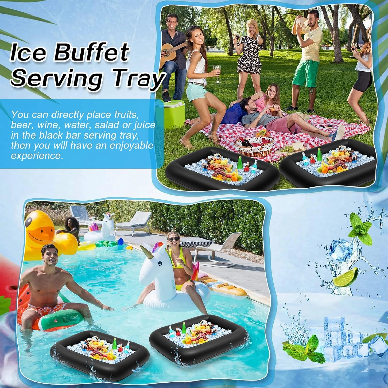 Leitee 4 Pcs Summer Inflatable Serving Bar and a Hand Pump Ice Buffet Serving Tray Inflatable Cooler with Drain Plug Picnic Supplies Ice Holder for Party Food Drink Containers 28 x 22 x 5 Inch(Black)