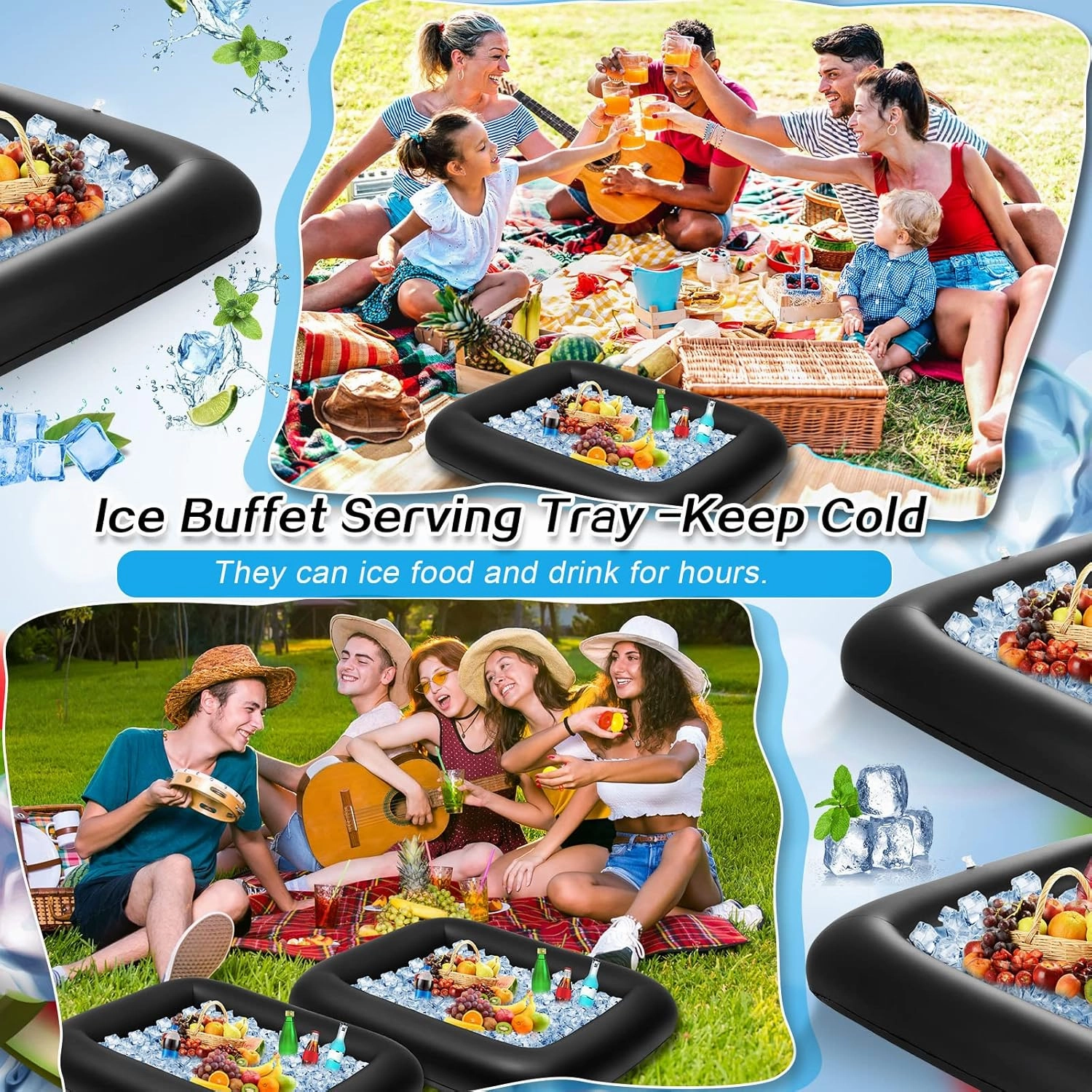 Leitee 4 Pcs Summer Inflatable Serving Bar and a Hand Pump Ice Buffet Serving Tray Inflatable Cooler with Drain Plug Picnic Supplies Ice Holder for Party Food Drink Containers 28 x 22 x 5 Inch(Black)