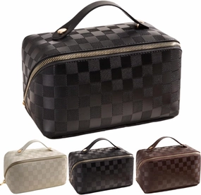 Lently Makeup Bag, Travel Cosmetic Bags for Women Make Up Bag Organizer Case Everything Makeup Bag, Large Capacity Portable (Grid, Ink Black)