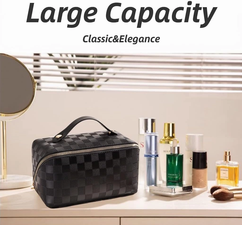 Lently Makeup Bag, Travel Cosmetic Bags for Women Make Up Bag Organizer Case Everything Makeup Bag, Large Capacity Portable (Grid, Ink Black)