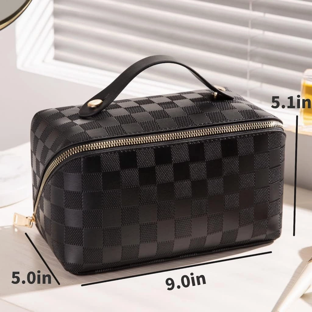 Lently Makeup Bag, Travel Cosmetic Bags for Women Make Up Bag Organizer Case Everything Makeup Bag, Large Capacity Portable (Grid, Ink Black)