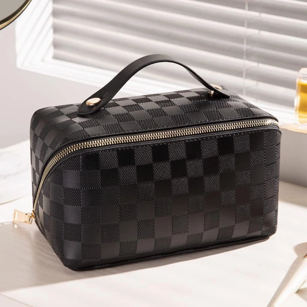 Lently Makeup Bag, Travel Cosmetic Bags for Women Make Up Bag Organizer Case Everything Makeup Bag, Large Capacity Portable (Grid, Ink Black)
