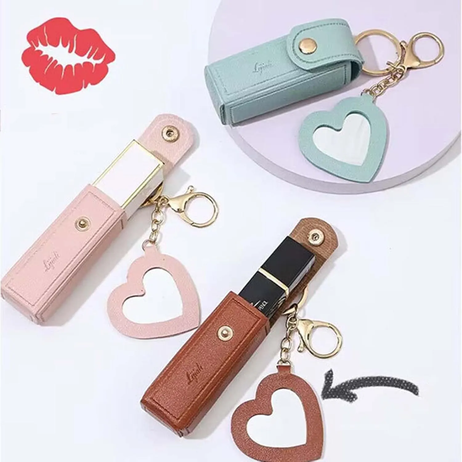 Lip Oil Keychain - Mirror & Oil 2-in-1, Portable Small Chapstick Holder, Mini Lipstick Case with Keychain & Heart Pendant, PU Leather Potable Lip Gloss Holder for Car/Travel Storage (Orange)