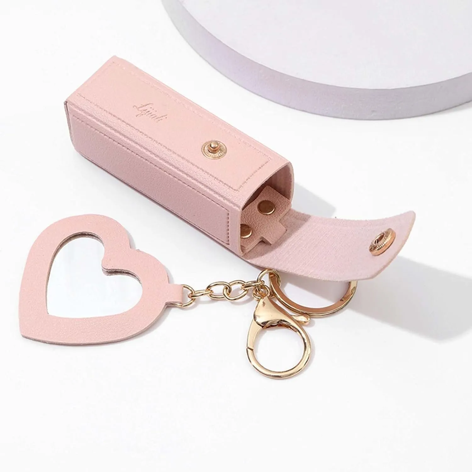 Lip Oil Keychain - Mirror & Oil 2-in-1, Portable Small Chapstick Holder, Mini Lipstick Case with Keychain & Heart Pendant, PU Leather Potable Lip Gloss Holder for Car/Travel Storage (Orange)