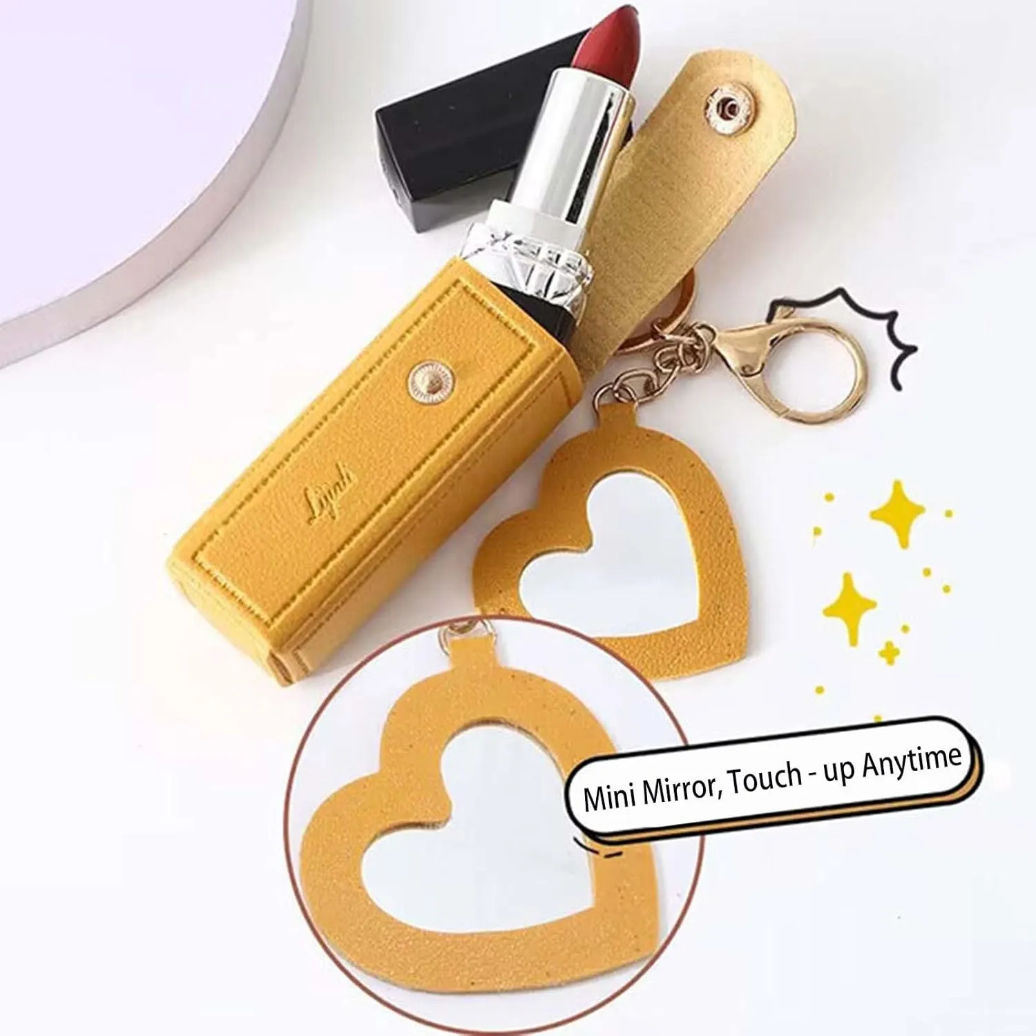 Lip Oil Keychain - Mirror & Oil 2-in-1, Portable Small Chapstick Holder, Mini Lipstick Case with Keychain & Heart Pendant, PU Leather Potable Lip Gloss Holder for Car/Travel Storage (Orange)