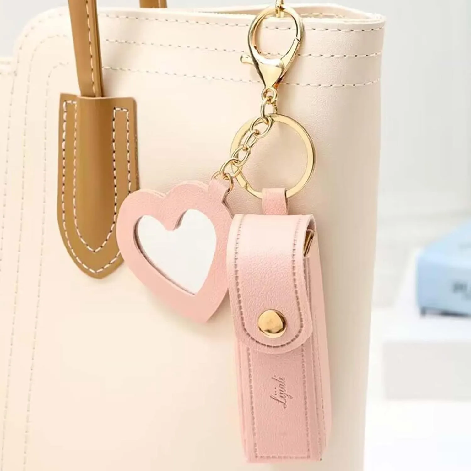 Lip Oil Keychain - Mirror & Oil 2-in-1, Portable Small Chapstick Holder, Mini Lipstick Case with Keychain & Heart Pendant, PU Leather Potable Lip Gloss Holder for Car/Travel Storage (Orange)