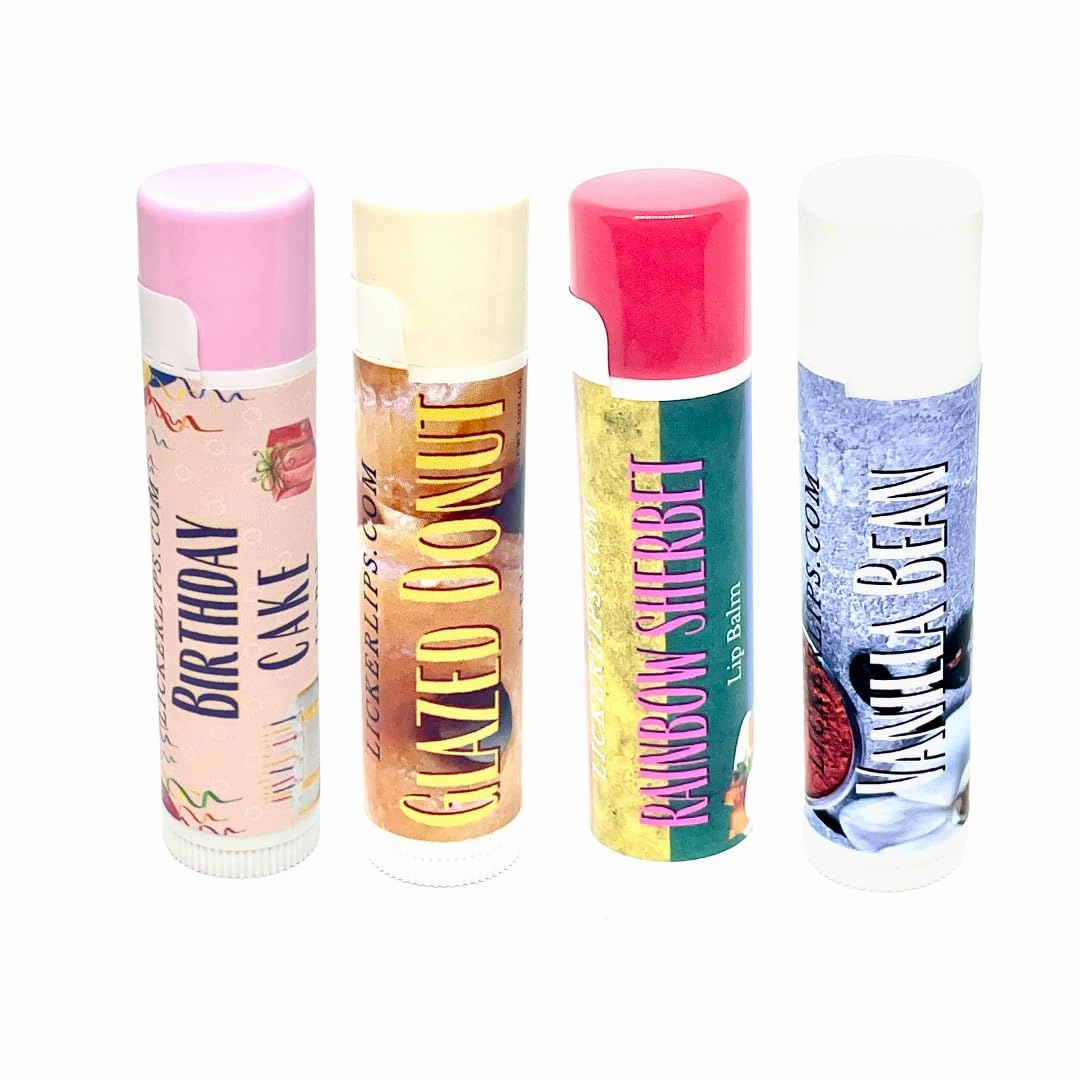 Lip Balm Variety Pack – Birthday Cake, Rainbow Sherbet, Glazed Donut, Vanilla Bean – Ultra Moisturizing, Natural Lip Care, Hydrating Lip Butter for Dry, Chapped Lips – 4-Pack Gift Set